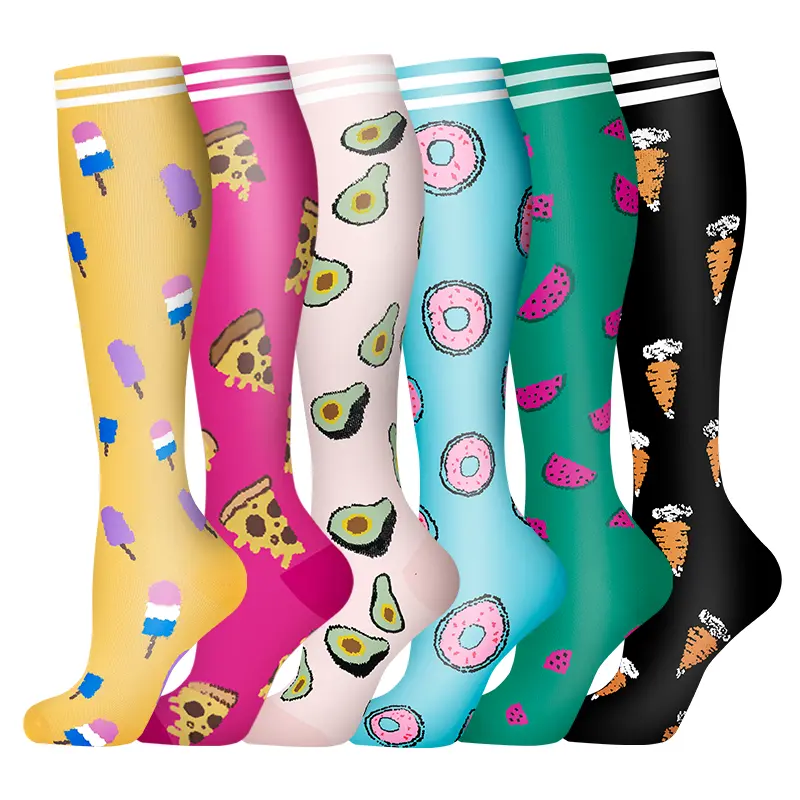 6-Pair Fun Food Print Unisex Knee-High Compression Socks, Polyester Athletic Support for Running, Nursing, Outdoor Sports & Swelling Relief, Outdoor Sports Socks, Sock Sets