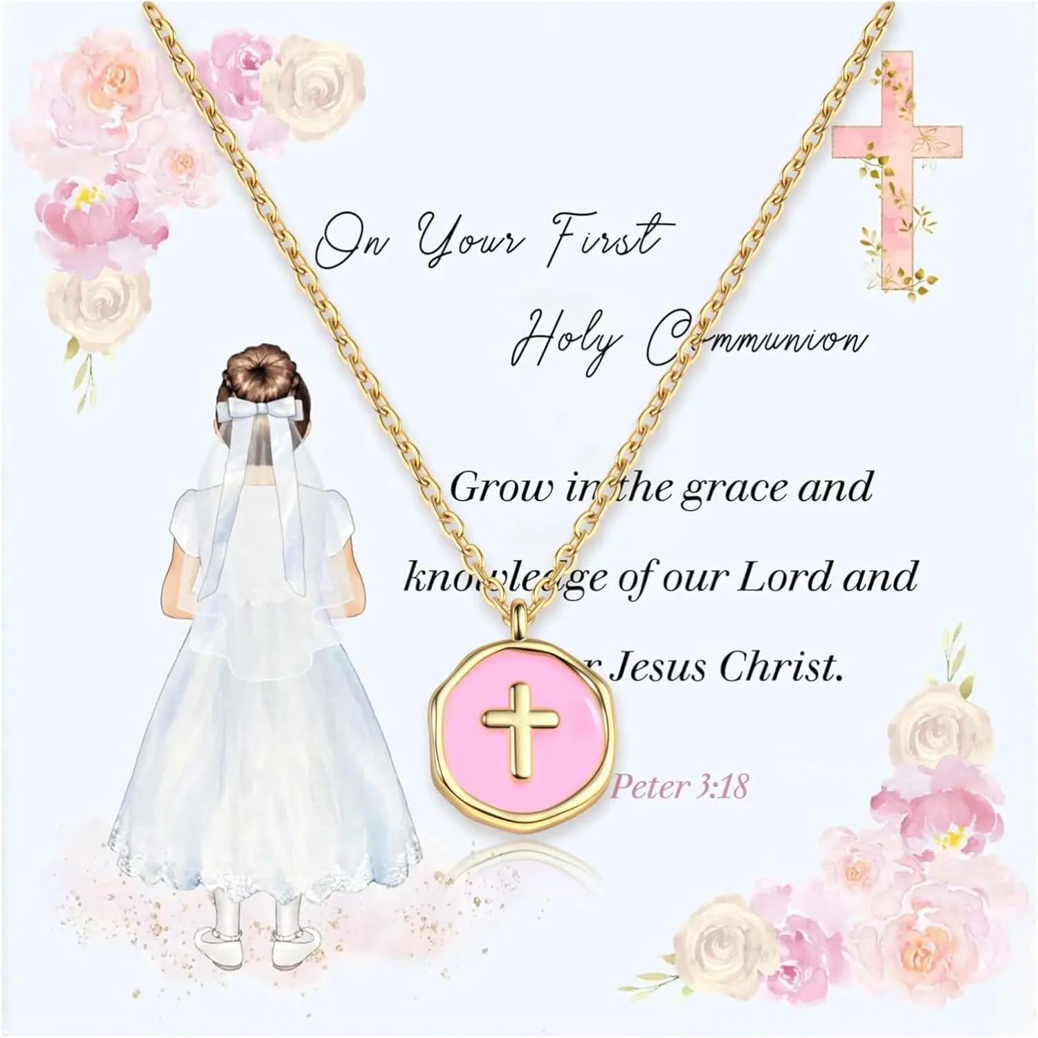 Women's Dainty 14 Karat Gold Plated Cross Necklace - First Communion, Birthday Gifts for Costume Jewelry Fashion Accessories, 14K Gold Plated