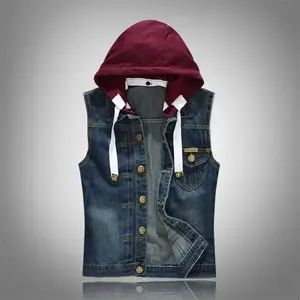 Spring Autumn New Fashion Men's Casual Trendy Detachabale Hat Hooded Sleeveless Jeans Jacket Washed Retro Blue Denim Vest Coat