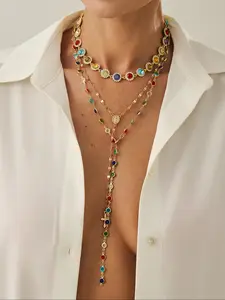 Women's Vintage Luxury Colorful Crystal Chain Glitter Cross Pendant Necklace Set, Y-Shape Fashion Jewelry for Parties and Events