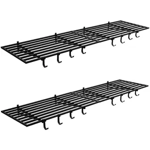 2x4Ft Garage Wall Shelving, 2 Pcs Garage Shelving with 8 Hooks, Wall Mounted, 400Lbs Total Weight Capacity, Heavy Duty Wall Shelf Organizer, Floating Storage Metal Rack for Laundry Room, Office, Base