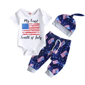 Baby Boys 4th Of July 3Pcs Outfit Letter Flag Print Short Sleeve Romper + Drawstring Pants + Hat Patriotic Summer Newborn Baby Clothing Set