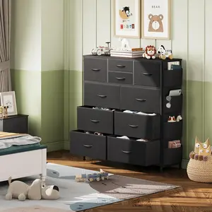 10 Drawer Dresser for Bedroom, Fabric Chest of Drawers with Side Pockets & Hooks, Metal Frame Storage Organizer with Wood Top for Bedroom, Closet or Dressing Area