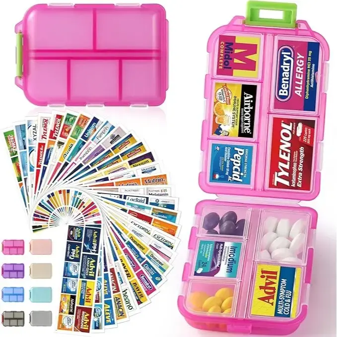 【Back to School】Travel Pill Management Box with 146 Labels,10 Compartment Small Pill Case,Portable Pocket Wallet Pharmacy,Daily Weekly Vitamin Supplement Holder  Organiser gift