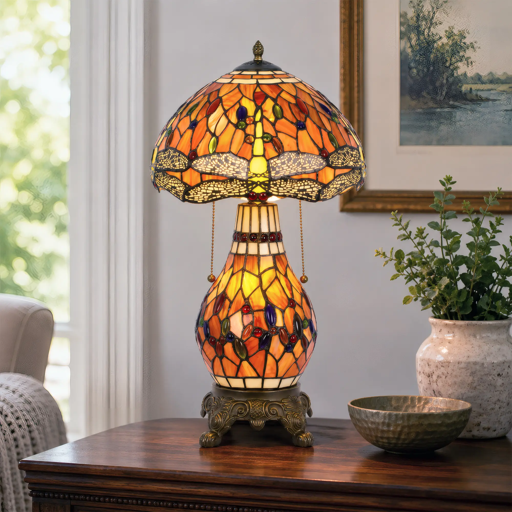 3-Light Tiffany-Style Dragonfly Stained Glass Vintage Table Lamp, Decorative Indoor Lighting for Living Room, Bedroom