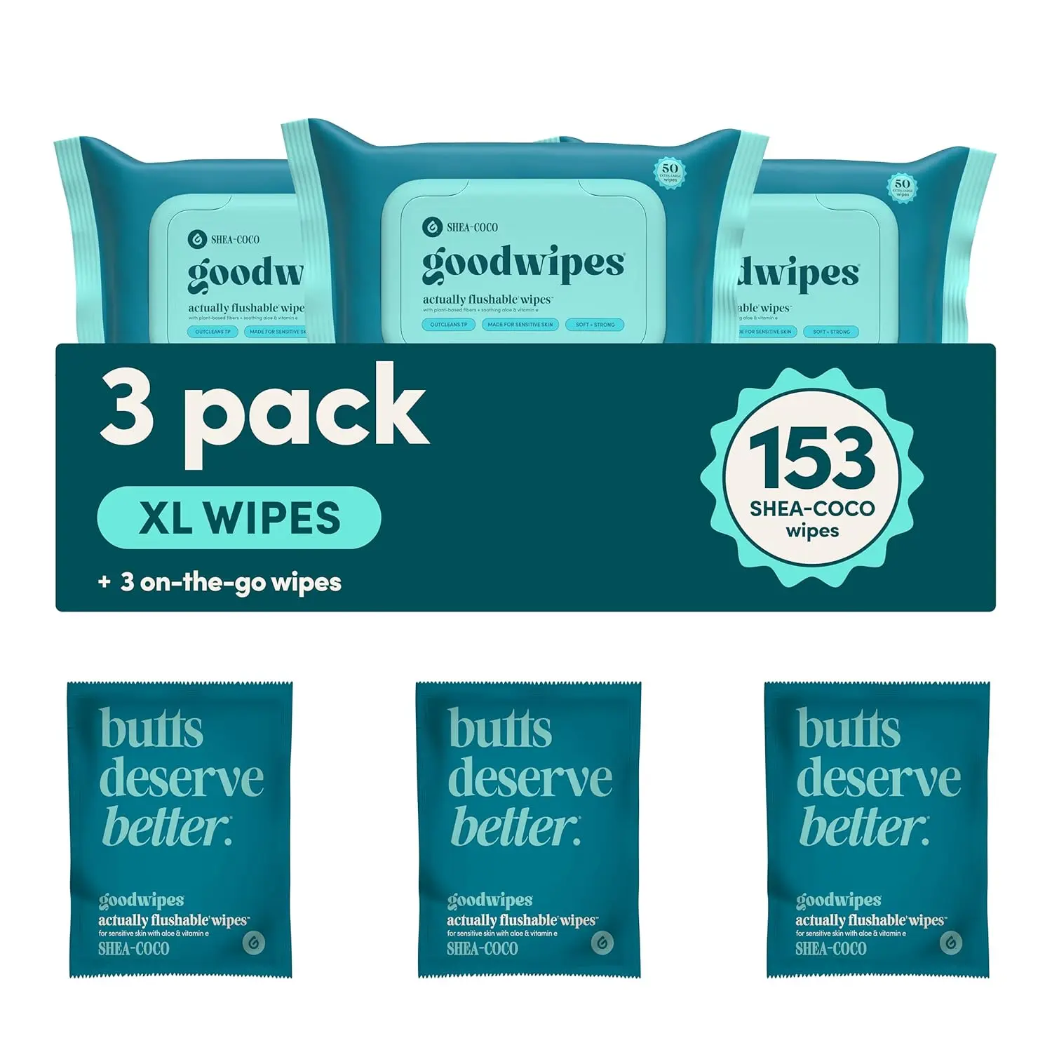 Flushable Adult Toilet Butt Wipes - Vitamin E & Aloe, Shea-Coco Infused, Sewer & Septic Safe, Extra Large Home Care Bathroom Essentials, 153 Count (3 Packs + 3 Individual Wraps), 153 Wipes
