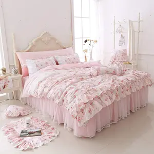 Romantic Roses Print Duvet Cover Set with Bed Skirt  Lace Ruffle Floral Shabby Chic Bedding Sets  4 count