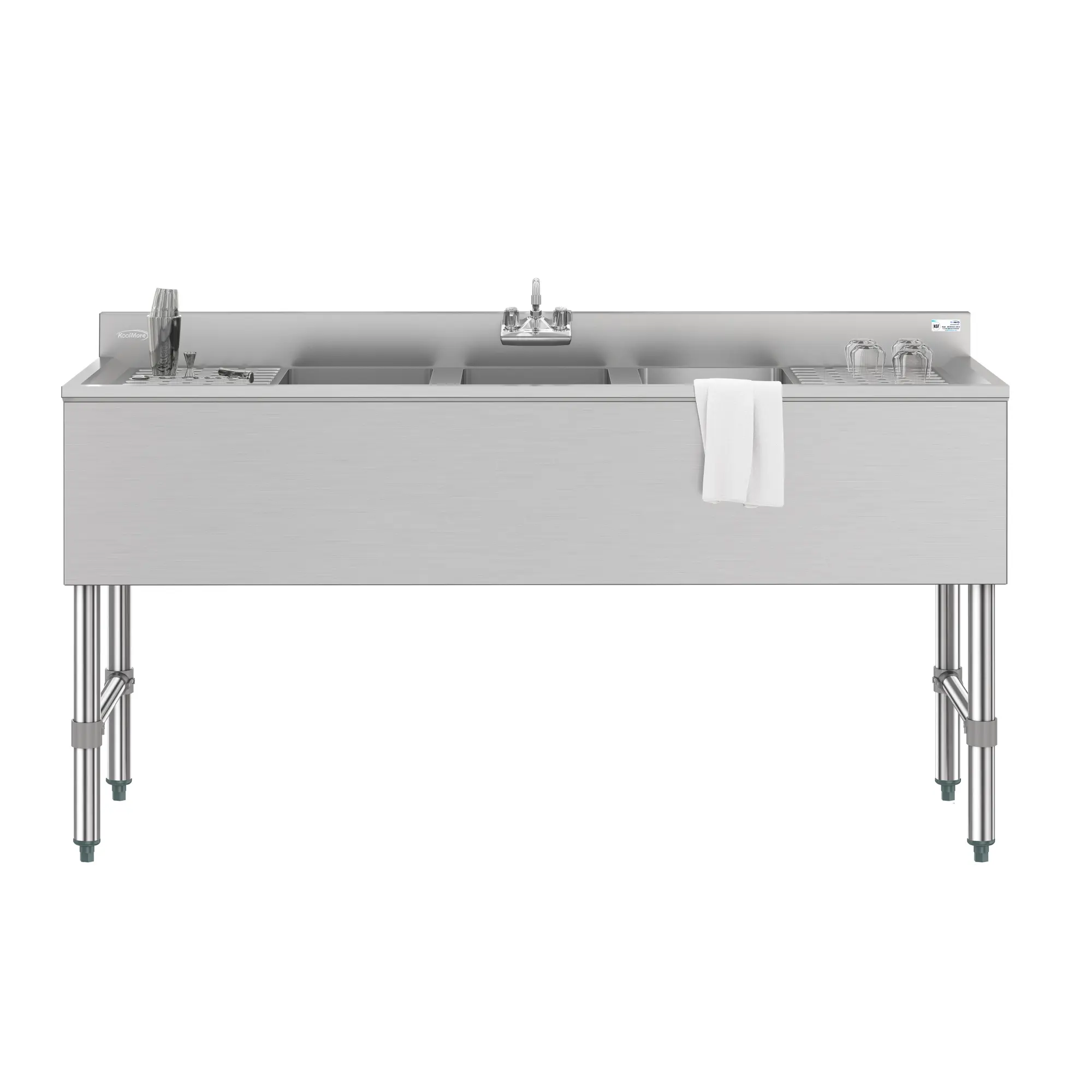 60 in. Three-Compartment Commercial Bar-Sink with 3 in. Backsplash, Dual Drainboards with Low Lead Faucet, NSF Certified in Stainless-Steel (SBR3B60-LR-320)