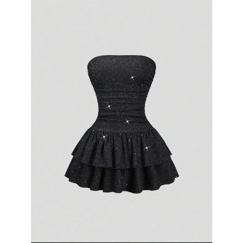 LUNA LAYER Womens Shiny Strapless Ruffle Layered Black Mini Dress Party