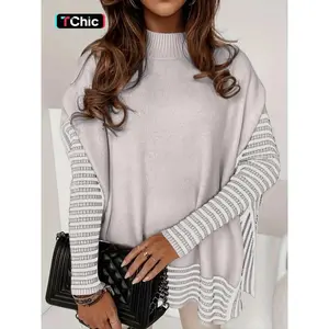 Fall & Winter Oversized Color Block Striped Batwing Sleeve Sweater, Casual Side Slit Design for Ultimate Comfort, Moderate Thickness Knitwear