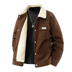 Autumn and winter men's wool-lined warm large size retro corduroy work jacket with large pockets and casual lapel design. Collar Men's Long Sleeve Jacket Polyester Fabric Brown Coat