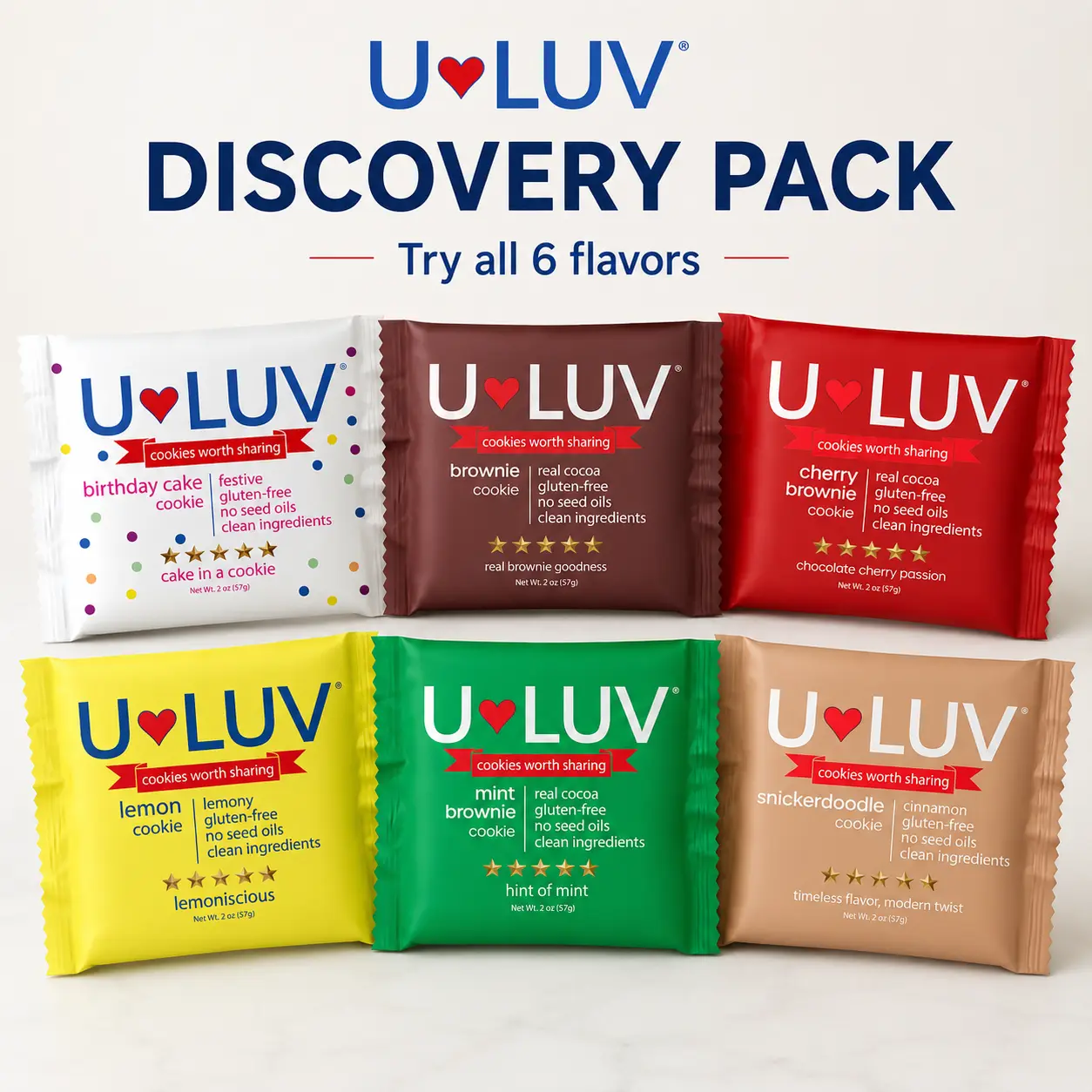 U-LUV Discovery 6-Pack | Soft & Chewy Cookies | One of Every Flavor | Gluten Free | Made With Avocado Oil | Allergen Friendly |
