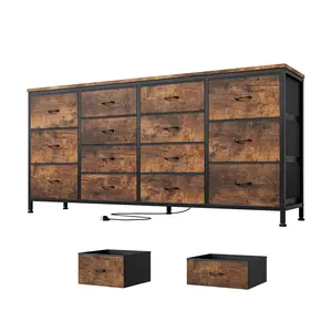 Garvee 63-inch Modern Dresser TV Stand with 14 Fabric Drawers, Built-in Power Outlet, Wide Chest of Drawers Fits 65-75 Inch Screens, Ideal for Bedroom, Living Room, Apartment, Available in Brown and Pink