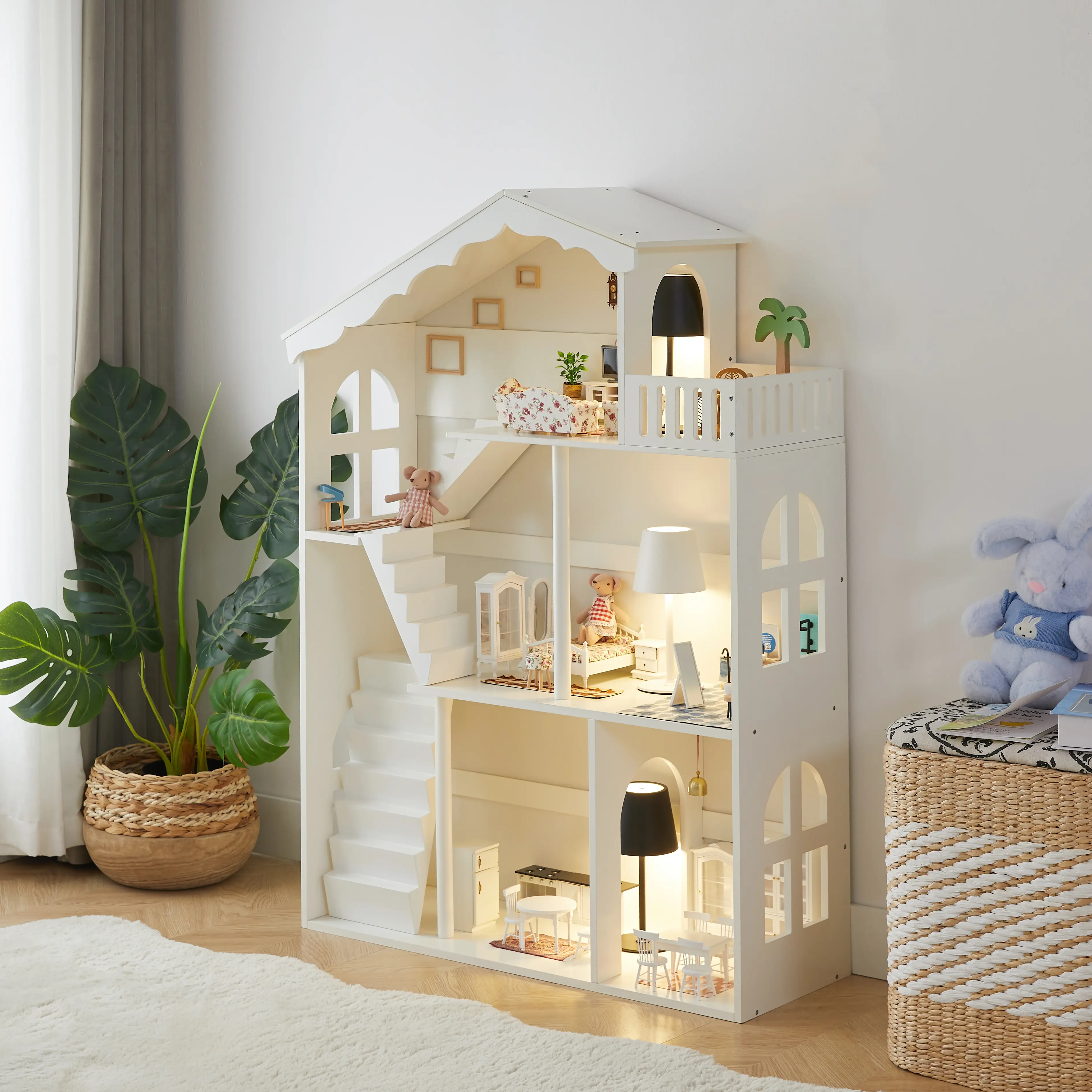 Montessori Wooden Dollhouse Bookshelf for Kids, 3-Story Childrens Bookcase Storage Organizer, White Castle Display Cabinet for Playroom Bedroom, CPC Certified