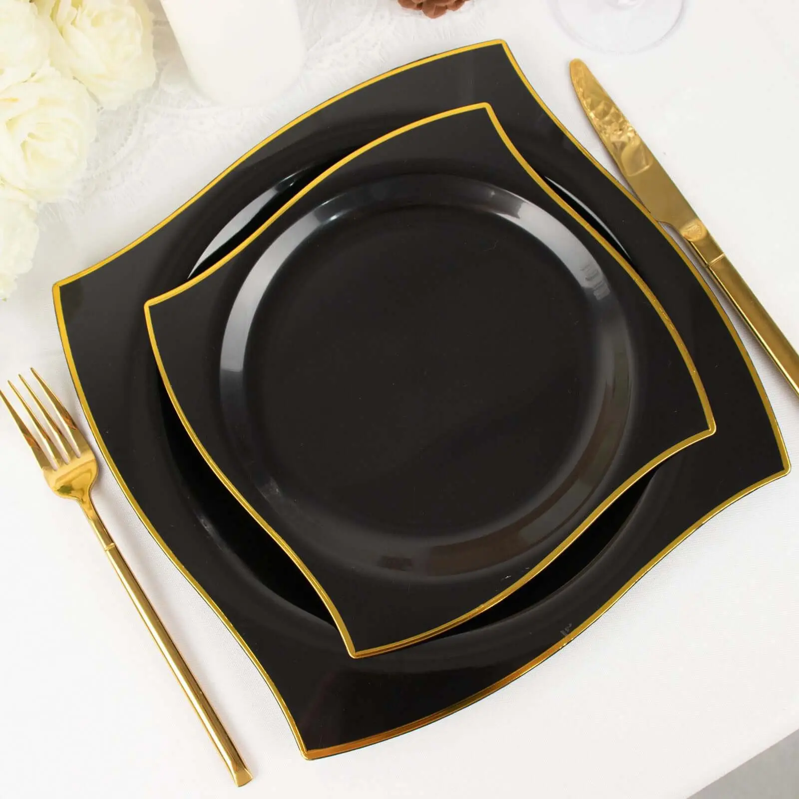 10-Pack 8" Square Shape Disposable Plastic Dessert Plates - Black with Gold Wavy Rim, Modern, for Happy Birthday, Baby Shower, Salad & Appetizer Party Supplies, Hand Washable, Wedding