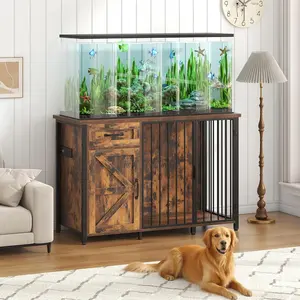 Brown 55-75 Gal Multifunctional Aquarium Stand with Dog Crate, Barn Doors, Cabinet, Power Outlets for Aquarium Setup & Pet Use