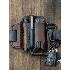 Men's Cowhide Solid Color Durable Belt Bag EDC Tool Pouch Multifunctional Storage for Pen Keychain Flashlight Genuine Leather All-Season Use