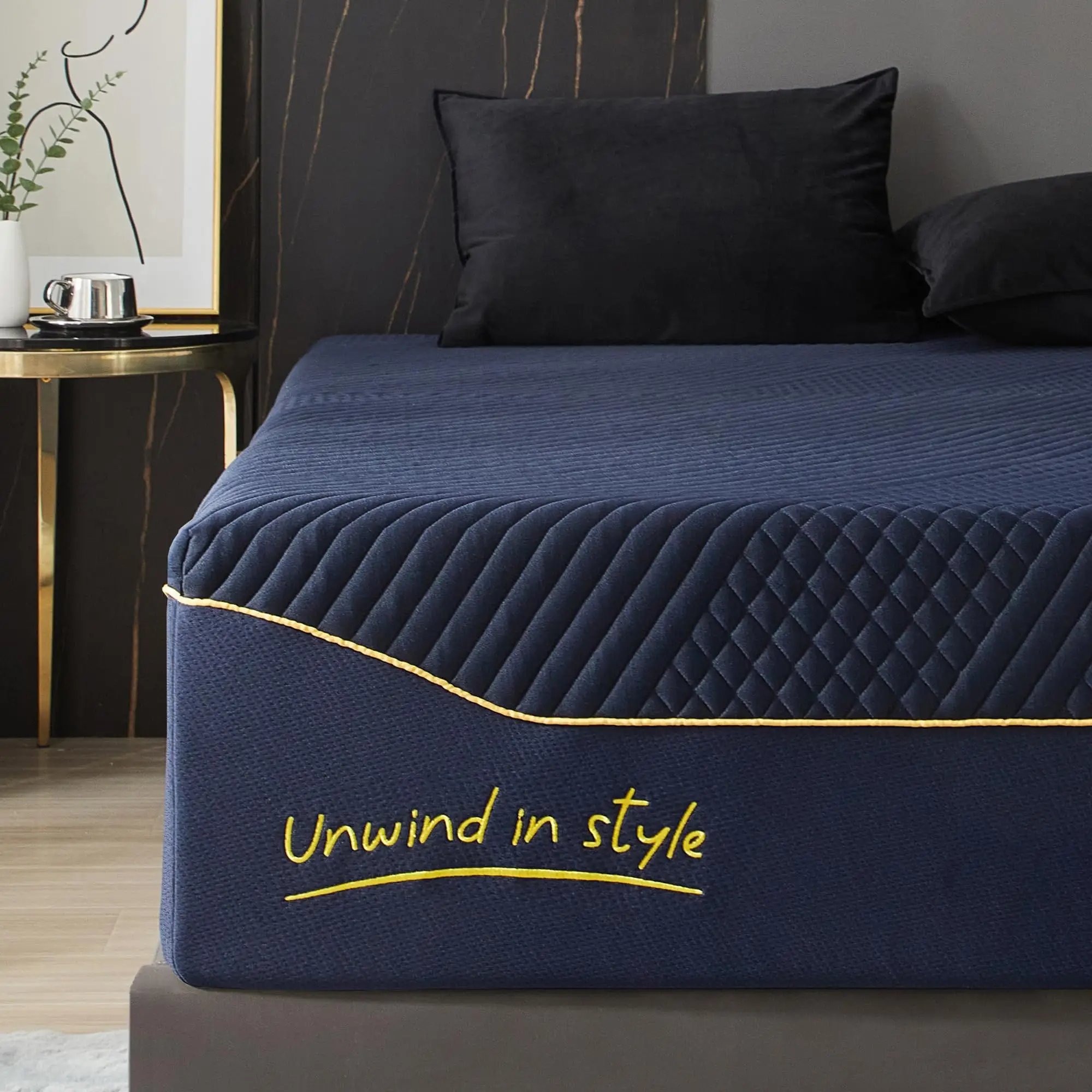 10-14 Inch Gel Memory Foam Mattress, Multiple Sizes, Medium Soft Feel, Removable & Washable Cooling Cover, Bed in a Box, Navy Blue Design