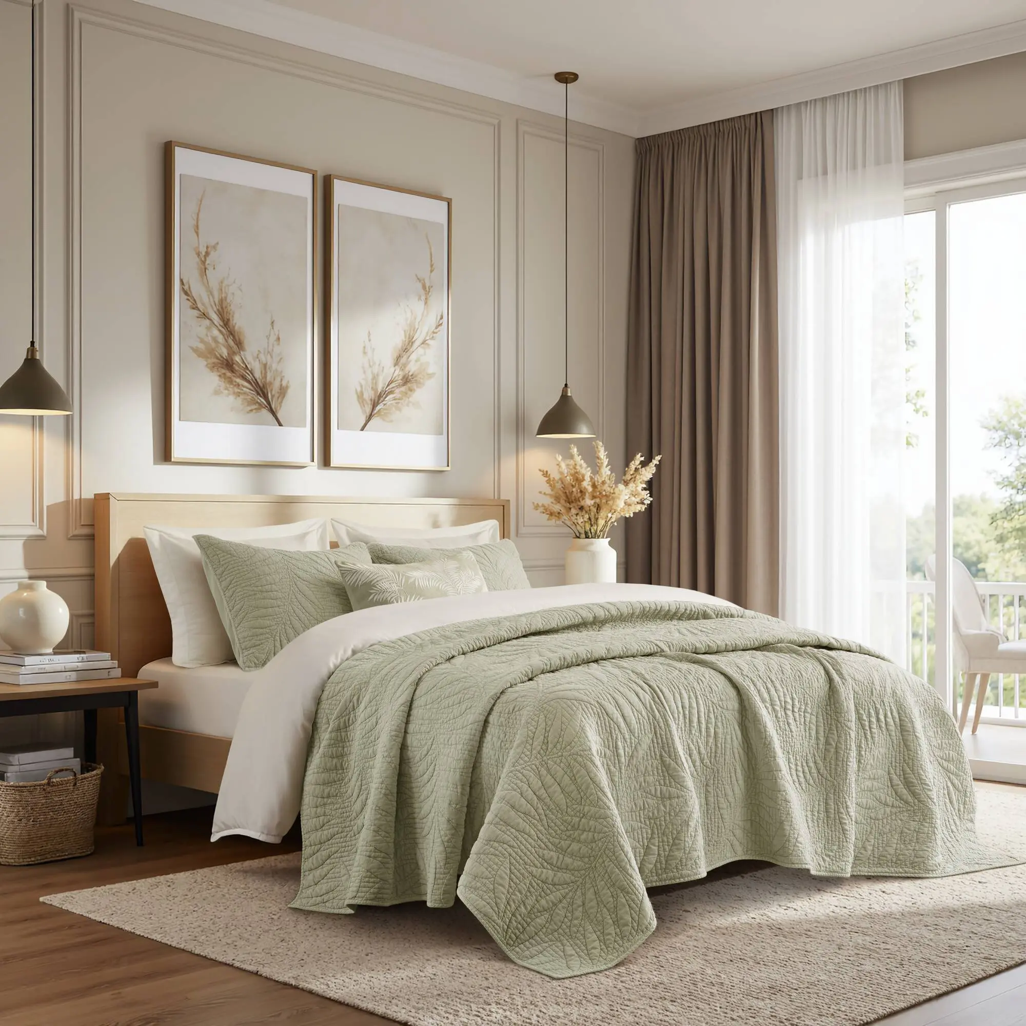 Cotton Quilt Set Full/Queen 3-Piece in Sage Green – Lightweight Reversible Coverlet with Shams, Breathable Bedding for Year-Round Comfort, Farmhouse & Cottage Decor
