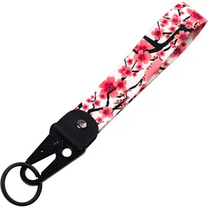 Cute Short Wristlet Keychain Lanyard Wrist Strap for Women Men for Car Keys Wallet Phone Camera Cherry Blossom
