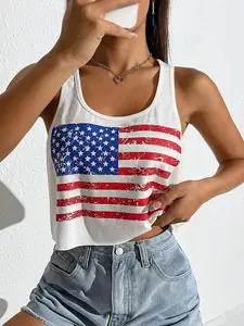 Plus Size American Flag Print Sleeveless Crop Tank Top Casual Scoop Neck Slim Fit Top, Y2K Clothes Summer Daily Wear, Trendy Retro Patriotic Tops, Comfortable Relaxed Fit Casual Ensembles, Stylish Vintage Pattern Detail Party Casual Wear