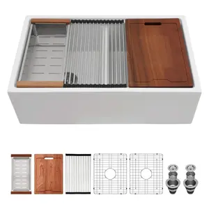 Farmhouse Kitchen Sink Ceramic 33 Inch Double Bowl Workstation With Ledges