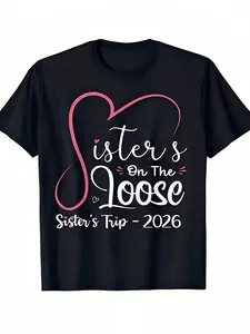 Sisters Trip Graphic Tee - Unisex Casual T-Shirt, 100%, Short Sleeve Round Neck, Black with Pink & White Heart Design, Perfect Summer Gift for Sisters, S-XXXL