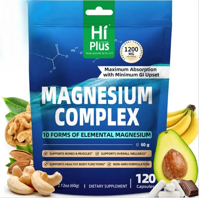 HiPlus Magnesium Complex 1200mg Daily Nourishing Supplement - 10 Essential Forms, 120 Capsules, Non-GMO/GMO-Free, Lab-Tested High-Potency, Lactobacillus Prebiotic Blend & Digestive Enzymes for Metabolism, Bone, Muscle & Joint Support (For Men & Women)