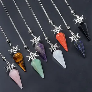 Natural Crystal Pendulum Necklace with Triple Moon Pentagram Charm Reiki Healing Dowsing Divination Spiritual Jewelry for Meditation Wicca Amethyst Rose Quartz Obsidian