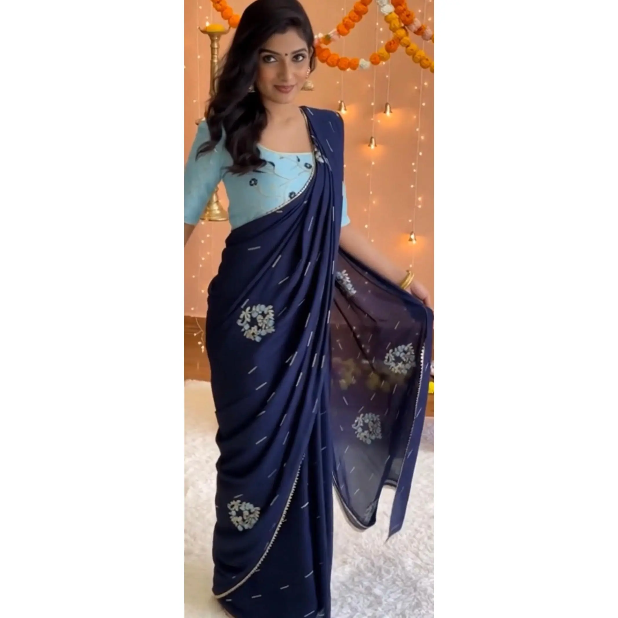 Women's Elegant Dola Silk Saree (5.3meters) - All-over Sequin & Thread Embroidery, Sequined Finish, All-over Sparkles, Festive Party Wear, Wedding Party Wear with Banglori Silk Blouse, Matching Banglori Silk Blouse