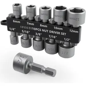 10 count Power Nut Driver Set for Impact Drill, Professional Metric & SAE Nut Drivers Bit Set with Tight Fit Storage Holder, Drill Socket Set with Ridge Design 1/4 Hex Shank for Wide Compability