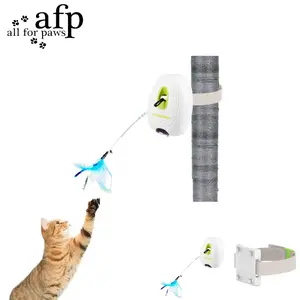 Allforpaws Interactives Jumping Wand Cat Toy with Post Adaptor, Motion-Activated Electronic Wand for All Lifestages, Natural Feathers & Ribbons, Universal Fit, White