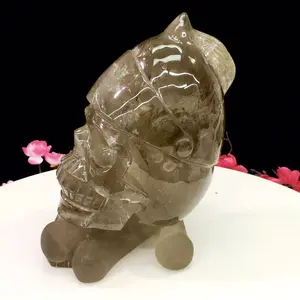 Large Rutilated Quartz Skull Sculpture, Hand-Carved Crystal Figurine for Gothic Room Decor and Altar Decoration
