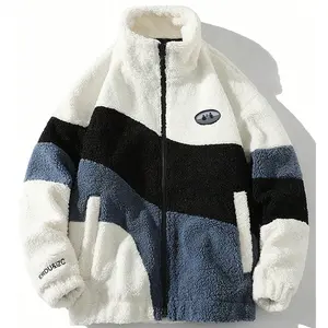 Men's Winter Stand Collar Fleece Jacket Quilted Lined Windproof Coat with Contrast Color Block Design Side Pockets Ribbed Cuffs Suitable for Outdoor Activities and Everyday Casual Wear Menswear Sports