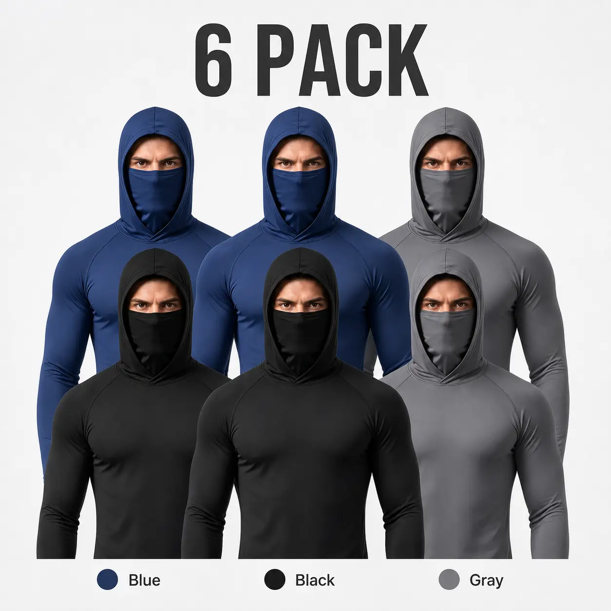 6-Pack Men's Outdoor Hooded Performance Pullovers with Face Cover Feature, Soft Stretch Long Sleeve Active Shirts Designed for Fitness Training, Fishing Excursions, Trail Running, Climbing, Gardening and All-Day Outdoor Wear