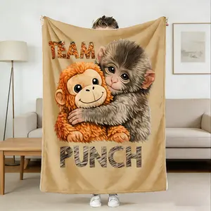 Printed Flannel Blanket Team Punch Monkey Hug Pattern Cheap, 280GSM, Thickened Soft And Skin-Friendly, For Sofa, Bed, Throw Blanket, Four Seasons Available