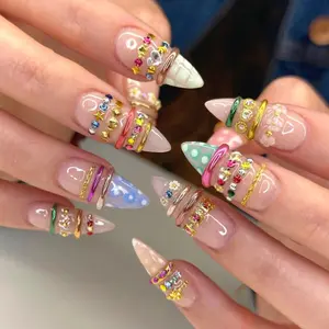 Gold Bangle Press On Nails, Handmade Luxury Jewel Gemstone Gold Detail Nails, Nail For Women, NailArt, Holiday Nails Inspo, Valentine Love Nails