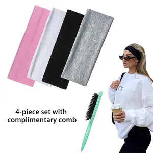 Non-Slip Athletic Wide Headbands 4 Pcs Soft Stretchy Sweatbands for Yoga Gym & Fitness with Comb, Women's Daily Hair Accessories