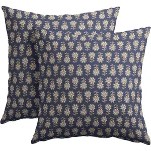 Kawani Vintage Pillow Covers 18x18 Inch Set of 2 Navy Blue Floral Block Print Outdoor Decorative Throw Pillows Neutral Pattern Pillowcases Square Cushion Covers for Couch Home Decor