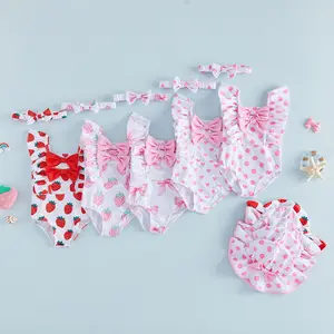 Toddler Baby Little Girls Swimsuit Romper Bow/Strawberry/Heart Print Beachwear Beach Bathing Suit with Swim Cap and Headband 6M-4T