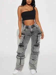 Fairfax High Rise Stretch Cargo Jeans - Acid Wash Grey
