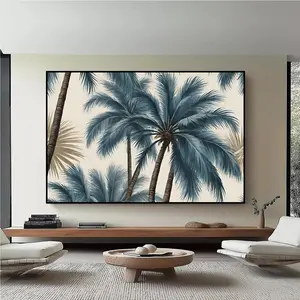 Serene Blue Palm Trees Canvas Print Tropical Coastal Wall Art with Tan Trunks Cream Background Beach Themed Decor for Chill Room Accessories Front Porch Living Room Accent Bedroom Home Office Coastal Housewarming Gifts