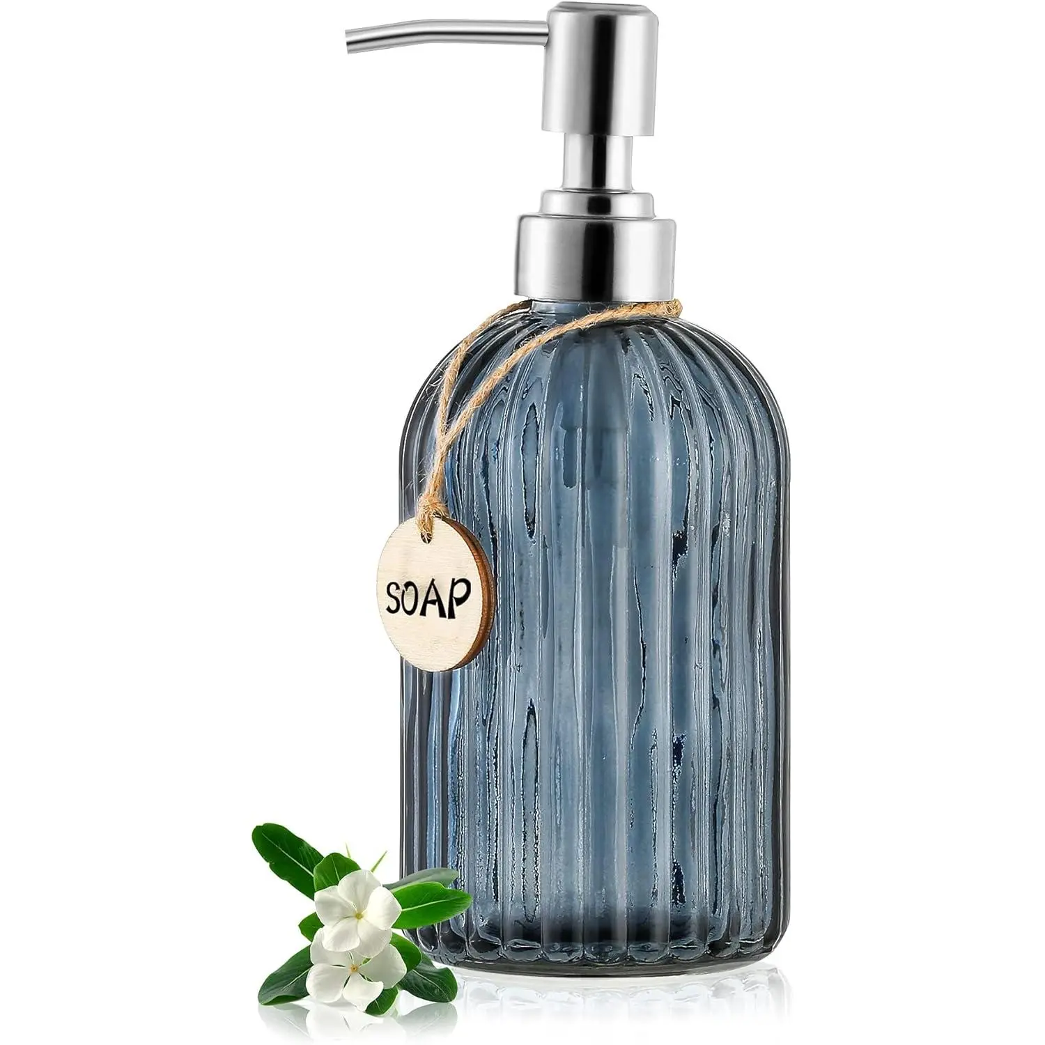 16 OZ Soap Dispenser,Tempered Glass Clear Vertical Stripe with 304 Rust Proof Stainless Steel Pump Refillable Liquid Hand Soap Dispenser,for Bathroom, Kitchen, Dish Soap,Lotion (Blue Grey)