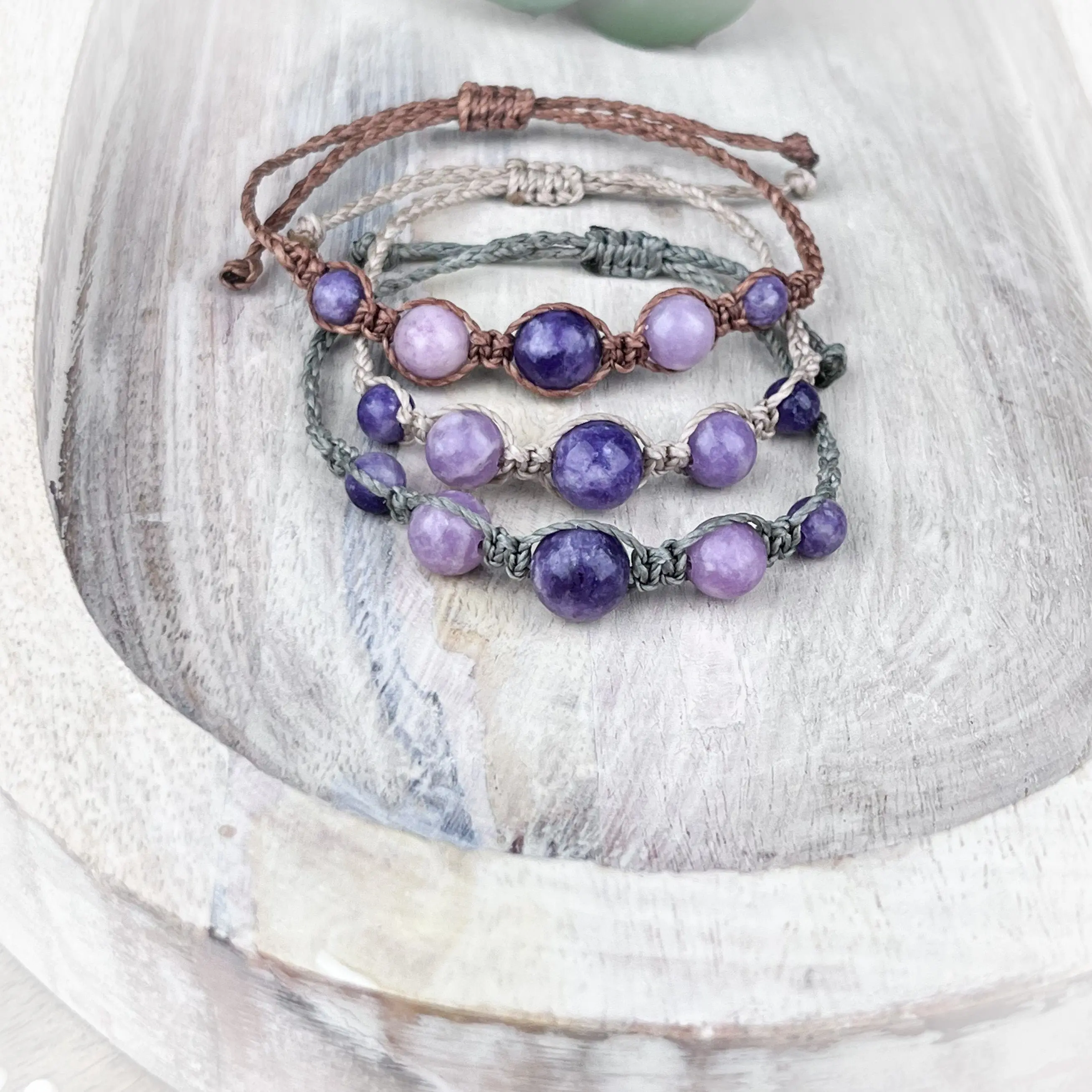 Hand Knotted Lepidolite Bead Bracelet with Adjustable Size - Handmade with Strong Waxed Cord for Emotional Balance and Nurturing Energies