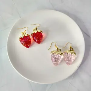 #442 Red or Pink Translucent Strawberry with Golden Stem & Leaves Earrings, Casual, Everyday Summer Fruit Food Jewelry, Acrylic
