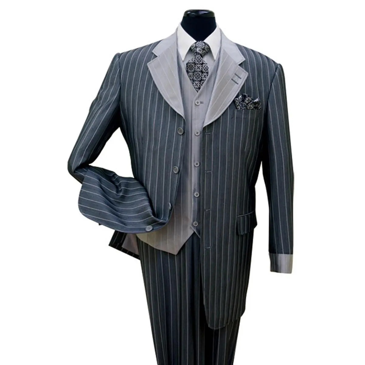 Mens Vested Shiny Sharkskin Pinstripe Fashion Zoot Suit in Navy Blue