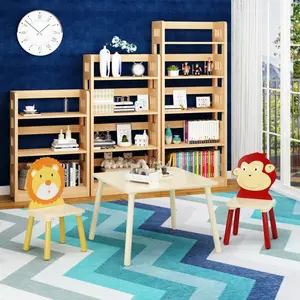 Kids Table and 2 Chairs Set, 3 Pieces Toddler Table and Chair Set, Wooden Activity Play Table Cartoon Animals Set (Lion&Monkey)(3-8 years old)