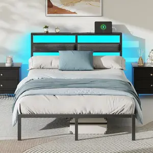 Bed Frame with Headboard, Bed Frame with LED Light and Charging Station, Black Metal Platform, Customized