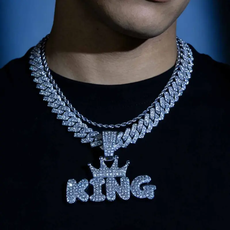Hip Hop Crown & King Pendant Rhinestones Chunky Necklace & Chain Cuban Link Style Layered for Men, Rhinestone Decorated Necklace, Fashion Jewelry for Party, Daily Decor, for Birthday Gift, Necklace Set, Fashionable Chain Decorated