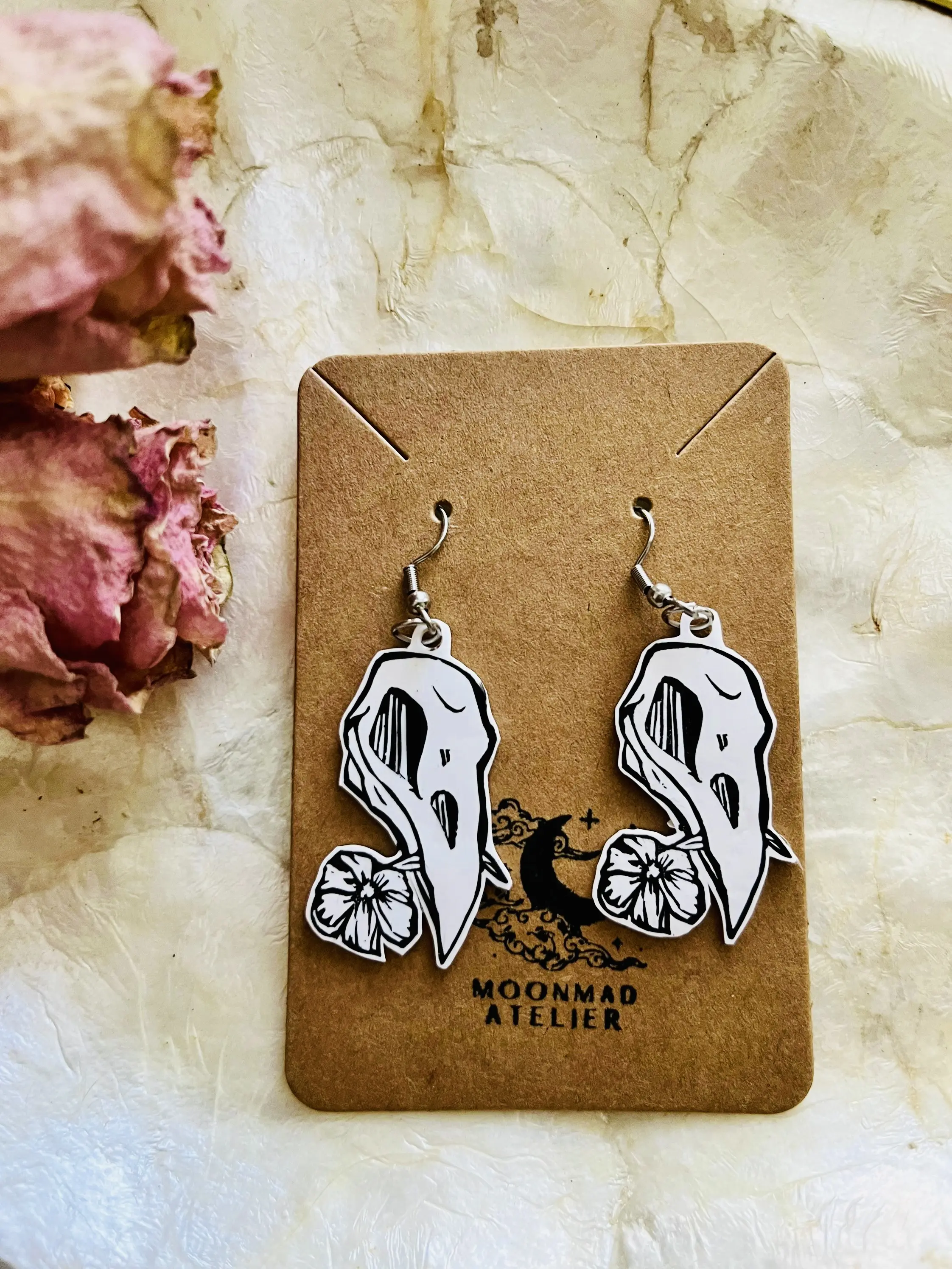 Raven skull dangle shrink plastic earrings - goth and witchy inspired